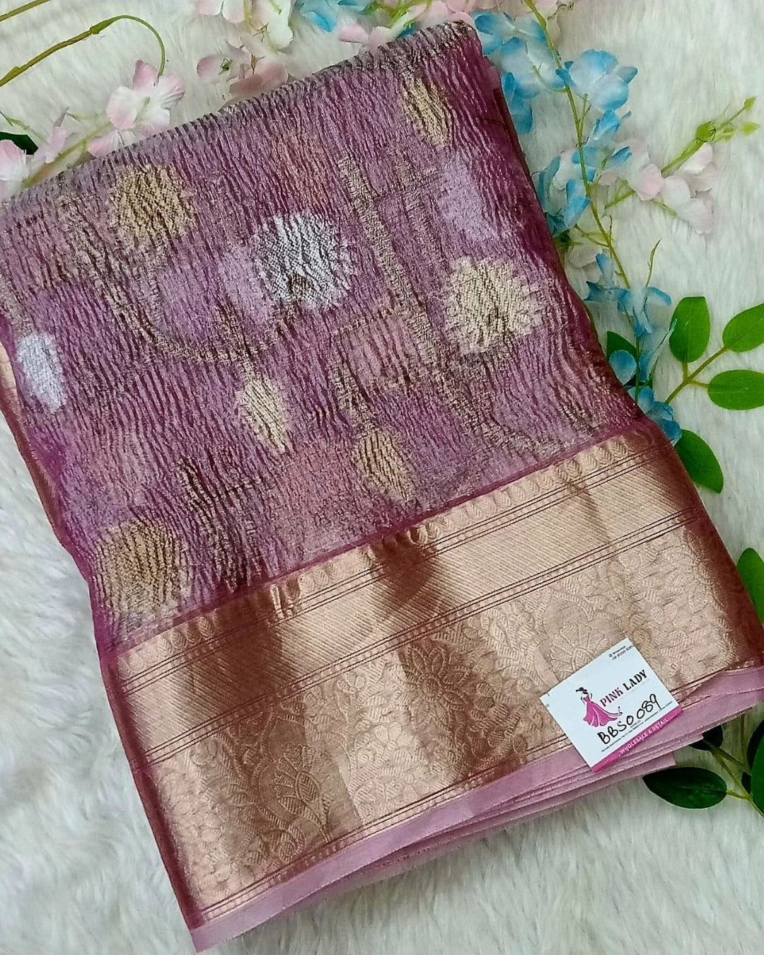Crushed Tissue Saree With Big Border - BBS089