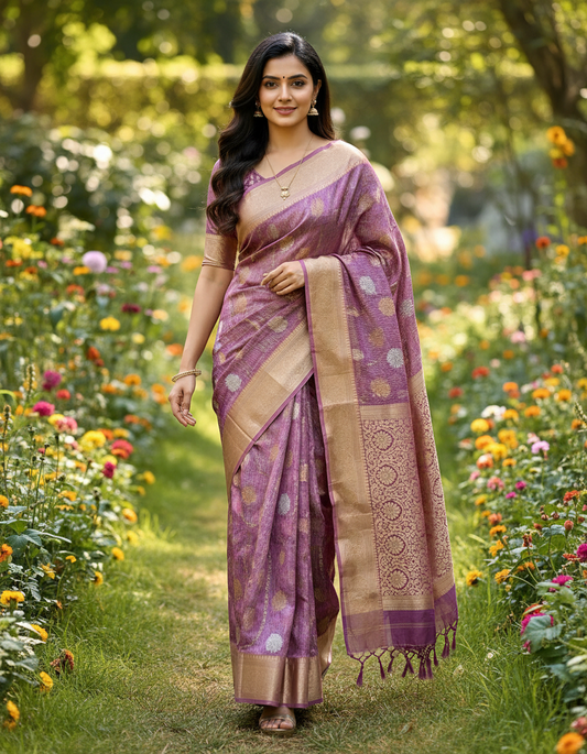 Crushed Tissue Saree With Big Border - BBS089