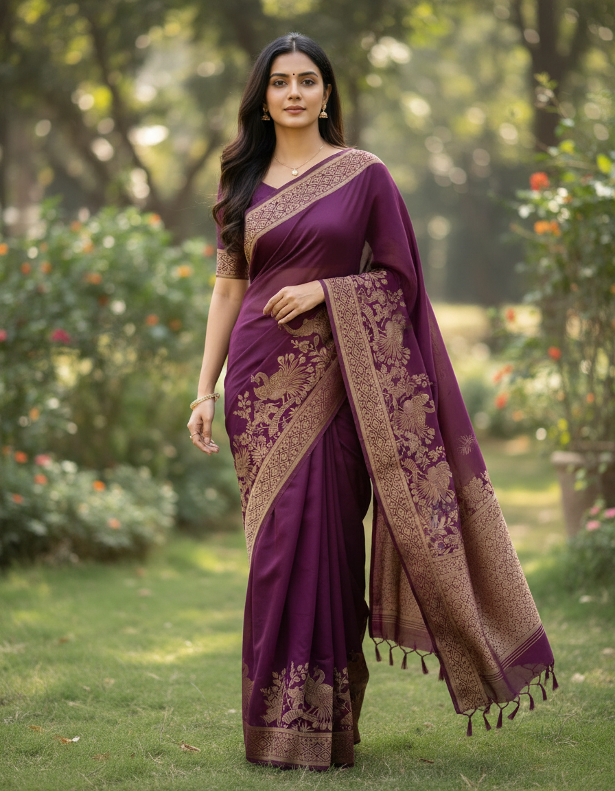 Banarasi Mashroo Saree with Weaving border and buta - BBS097