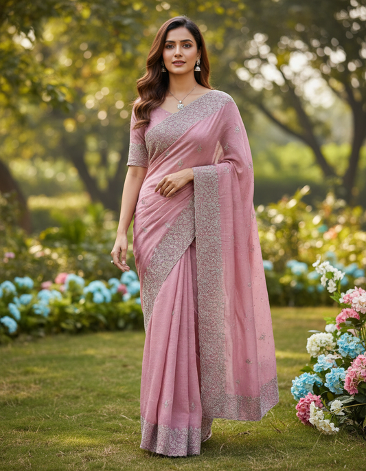 Crushed Georgette Shimmer Saree with scallop Border - BBS184A