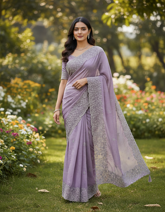 Crushed Georgette Shimmer Saree with scallop Border - BBS184C