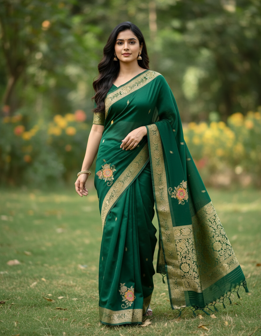Banarasi Mashroo Saree with Weaving border and Big buta - BBS075