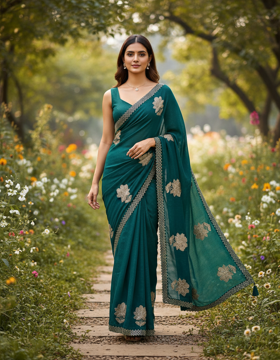 Designer Crushed Georgette Saree with scallop border of Hand Work - BBS109B