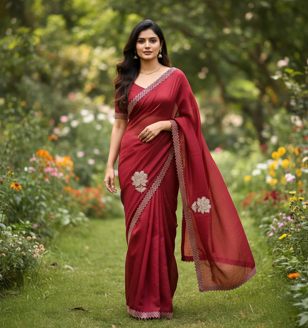 Designer Crushed Georgette Saree with scallop border of Hand Work - BBS109C