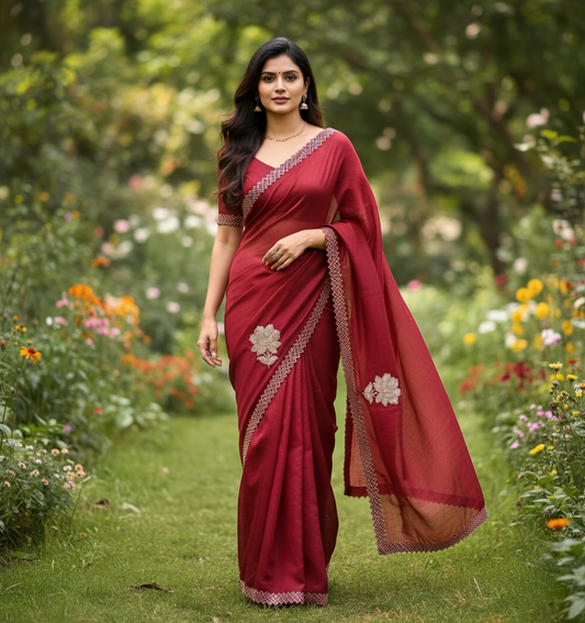 Designer Crushed Georgette Saree with scallop border of Hand Work - BBS109C