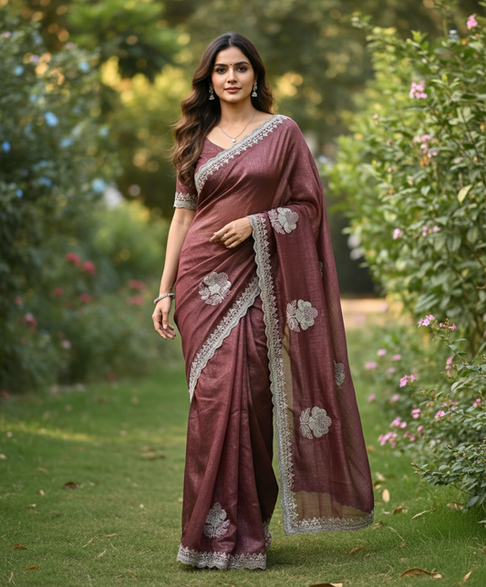 Designer georgette tissue Crushed Saree with all over Scallop Border - BBS114B