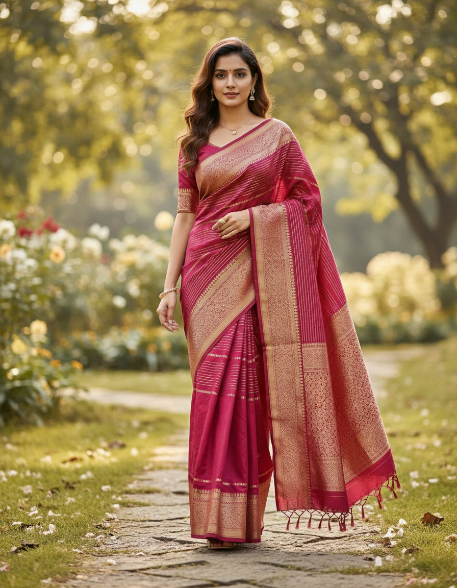 Semi Mysore Crape With Jery Lines Saree with Big Border - BBS119D